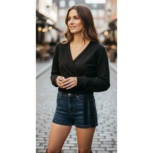 Spanx Air Essentials Ballet Wrap Top Black Soft Crop Sweater Crossover Tie SZ L